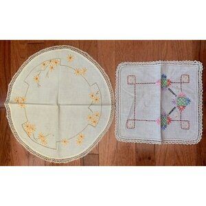 Pair of Vintage Hand Embroidered Lace Edge Doilies Round 14x15" Square 10"